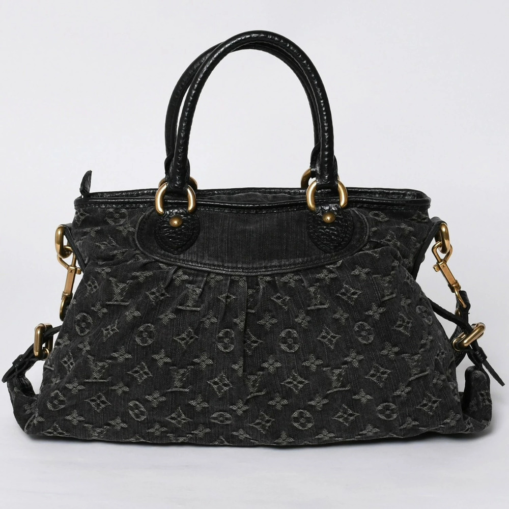LOUIS VUITTON Neo Cabby Handbag Monogram Denim Black Leather